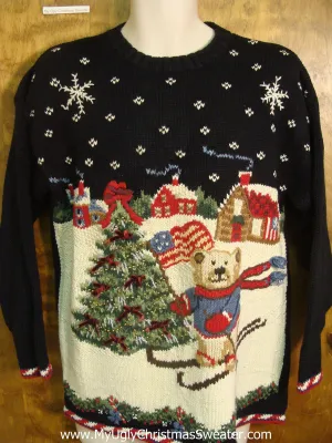 80s Skiing Teddy Bear Tacky Xmas Sweater