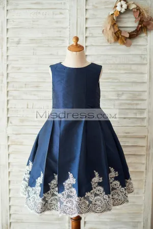 A-line Navy Blue Taffeta Silver Lace Sleeveless Wedding Flower Girl Dress