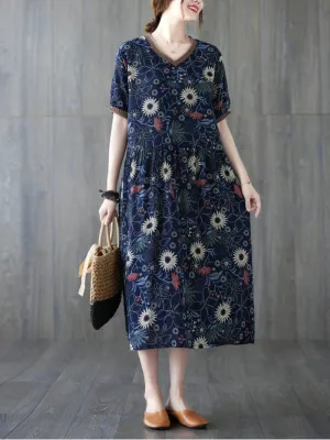 Beautiful summer floral cotton and linen Smock slim dress  Women's Fit