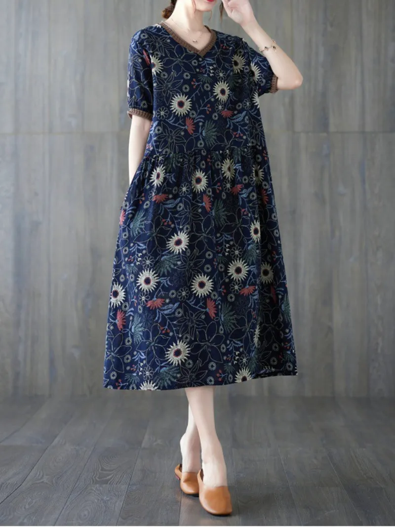 Beautiful summer floral cotton and linen Smock slim dress  Women's Fit