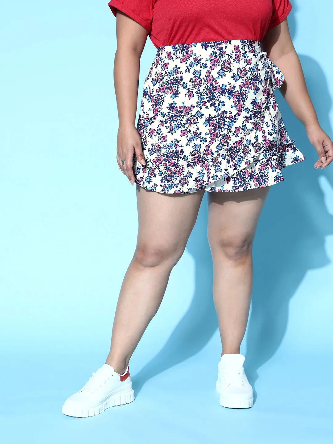 Berrylush Women Plus Size White & Blue Floral Printed Elastic Waist Ruffled A-Line Mini Skirt