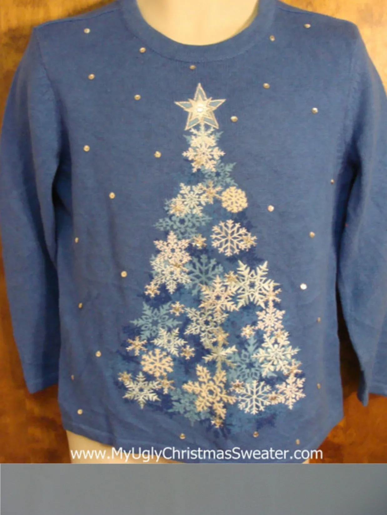 Blue Novelty Funny Christmas Sweater with Snowflake Tree