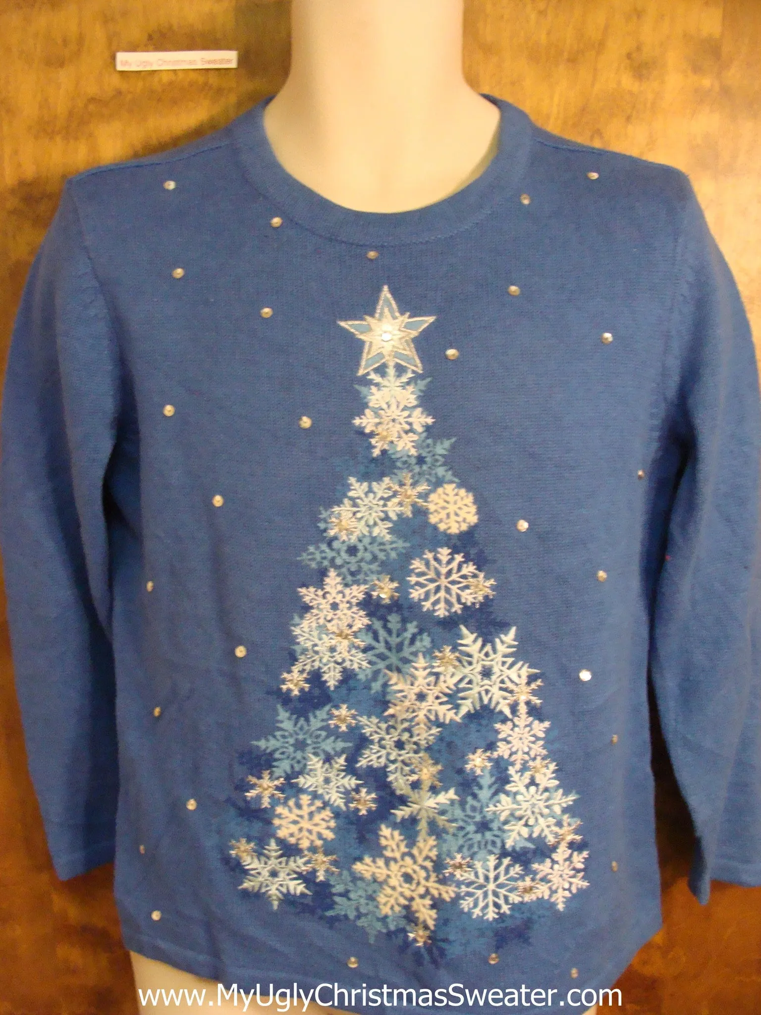 Blue Novelty Funny Christmas Sweater with Snowflake Tree