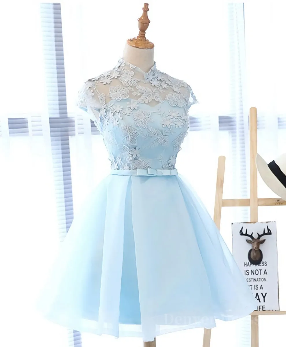 Blue tulle lace short prom dress, blue tulle lace homecoming dress