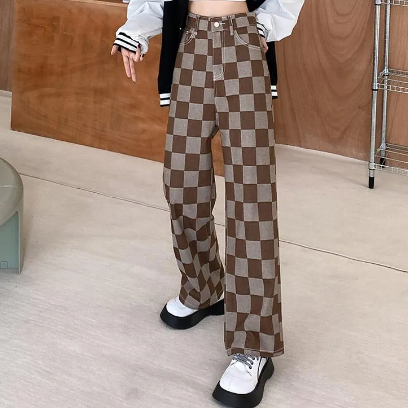 Brown Plaid 90S Aesthetic High Waist Pants