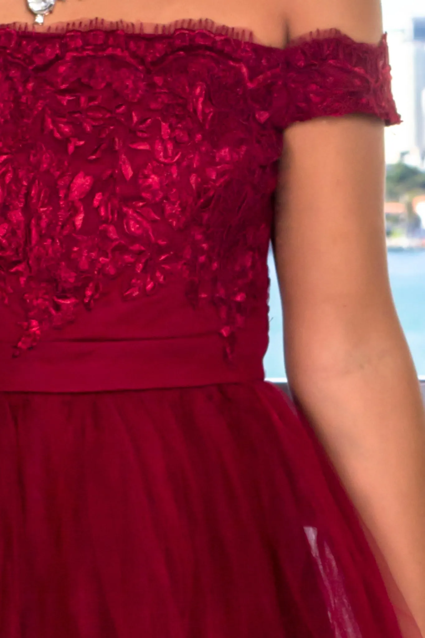 Burgundy Off Shoulder Tulle Short Dress