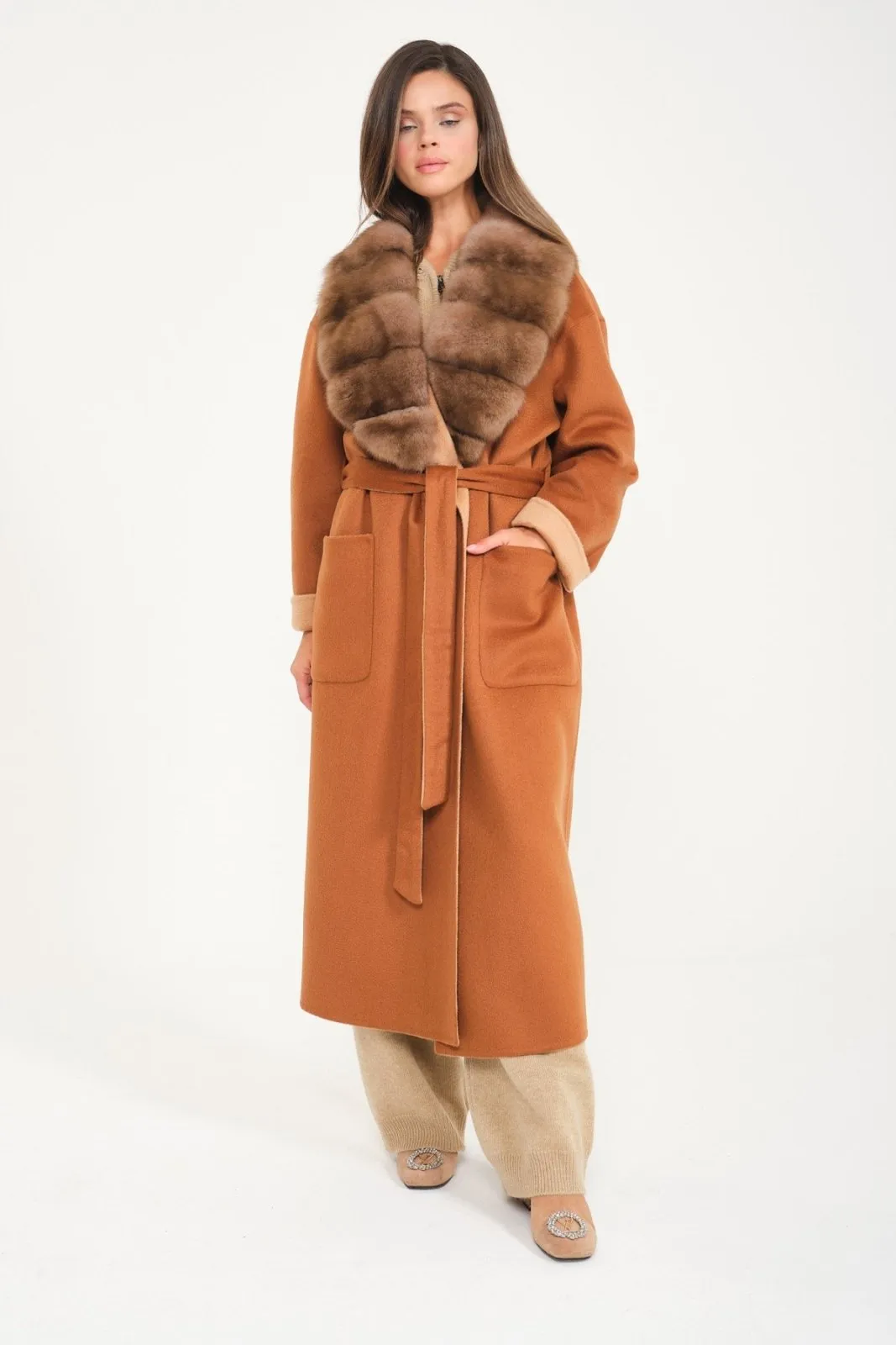 Cinnamon / Beige Wool Long Coat