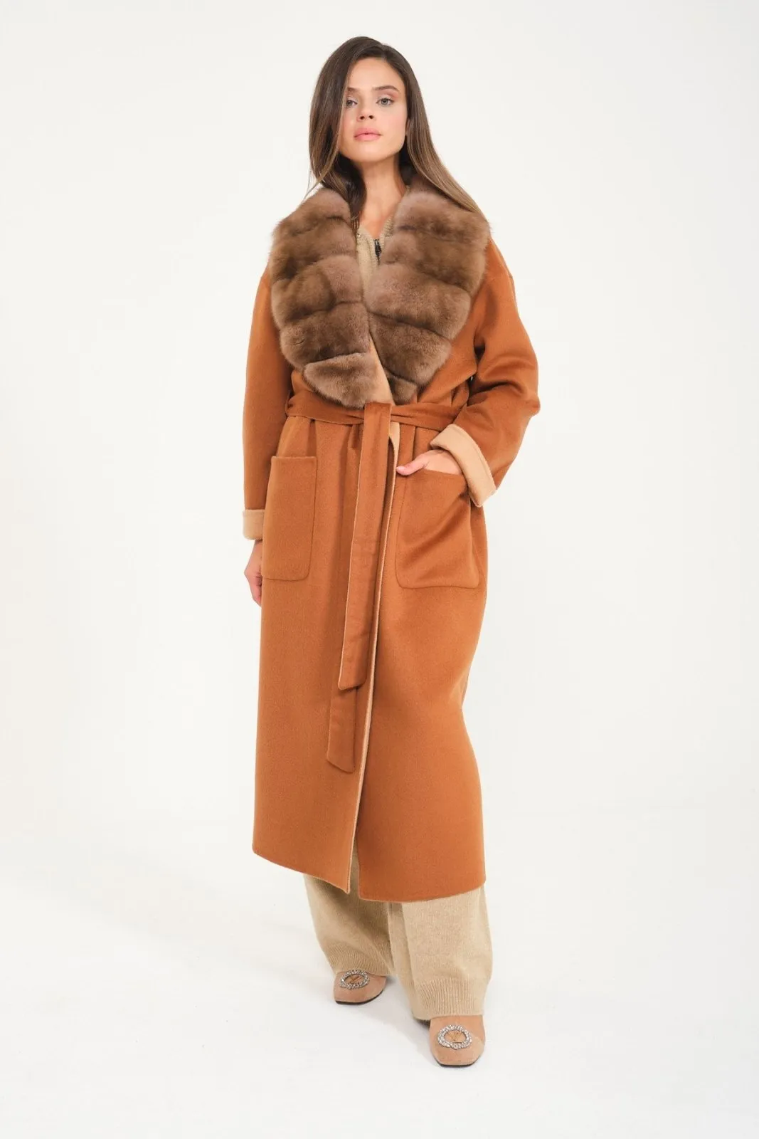 Cinnamon / Beige Wool Long Coat