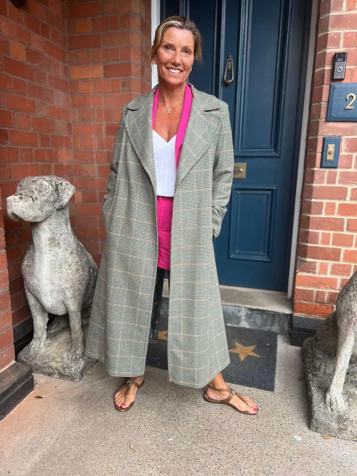 Clare Haggas Silk Lined Full Length Tweed Coat in Willow