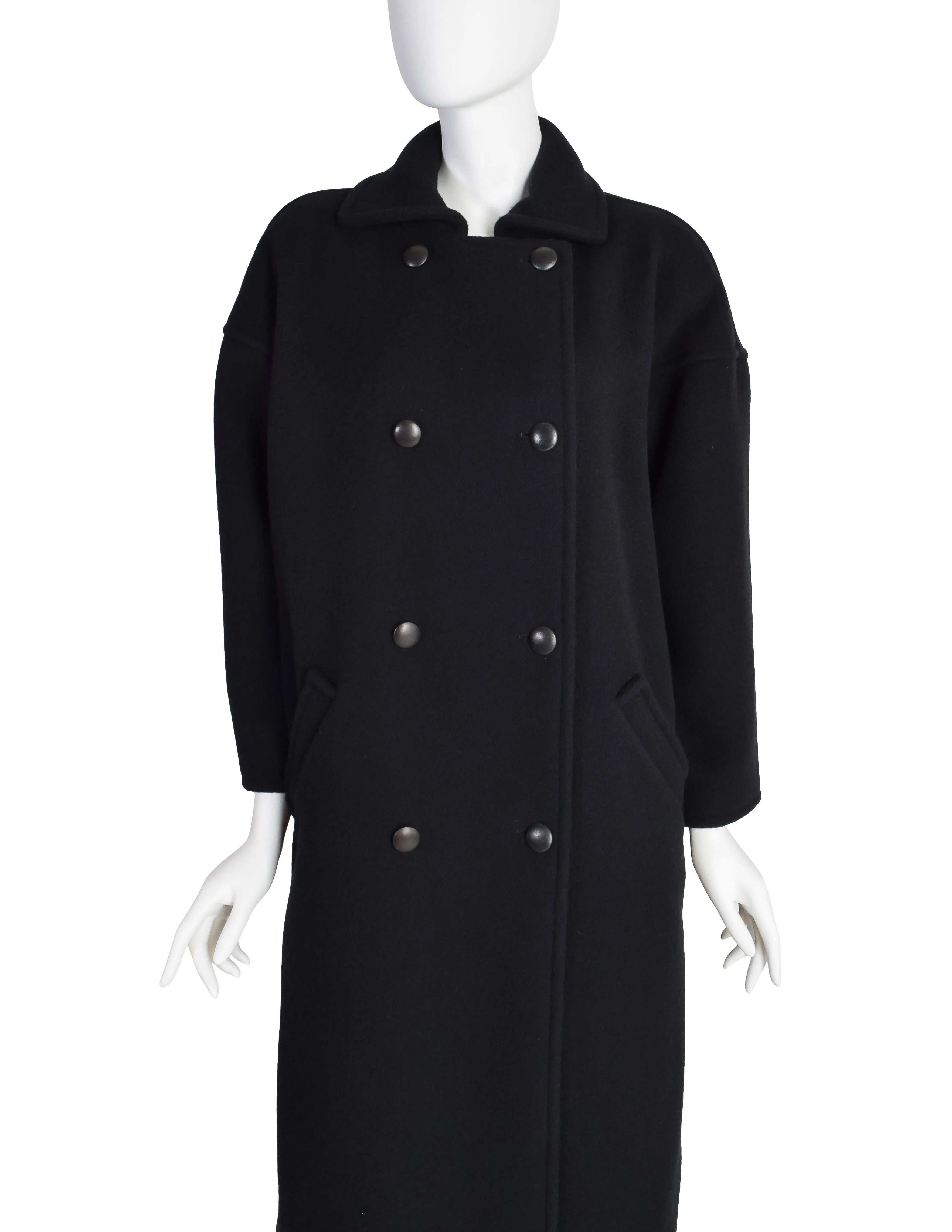 Courreges Vintage 1980s Black Wool Leather Double Breasted Coat