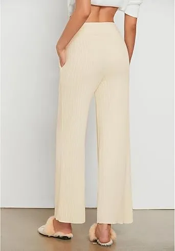 Cream  Women's Ankle-Length High-Waist Pants Relaxed Fit Wide-Leg Pull-On Side Pocket