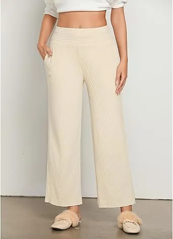 Cream  Women's Ankle-Length High-Waist Pants Relaxed Fit Wide-Leg Pull-On Side Pocket