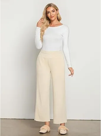 Cream  Women's Ankle-Length High-Waist Pants Relaxed Fit Wide-Leg Pull-On Side Pocket