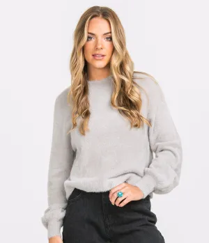 Cropped Feather Knit Sweater - Overcast