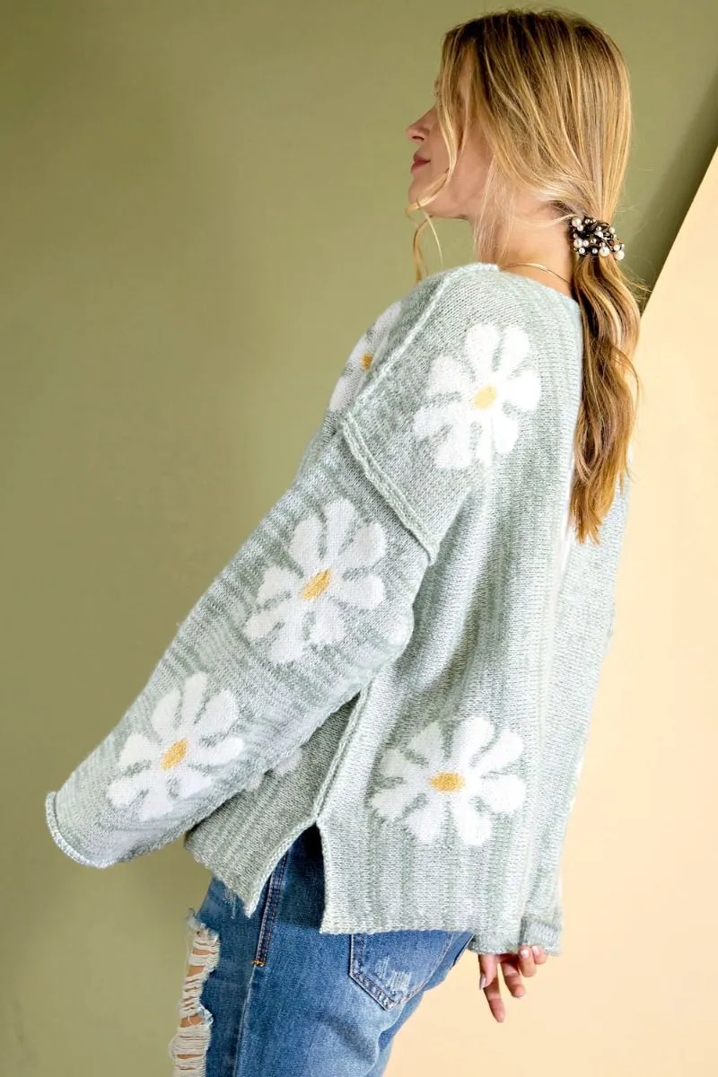 Daisy flower patterned loose fit sweater (multiple colors available) RESTOCKED