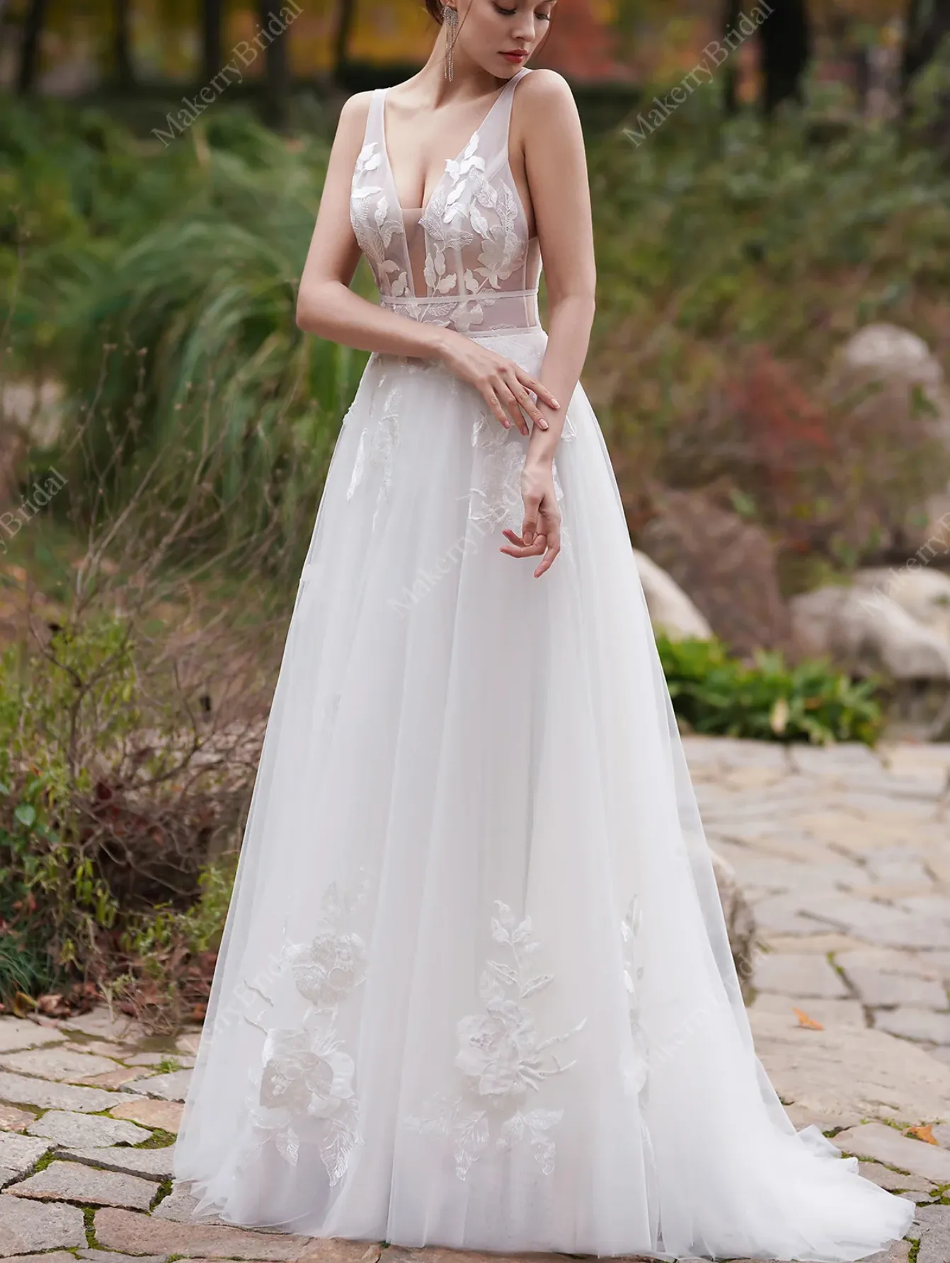 Exquisite A-Line Oversized Floral Motifs Boho Wedding Gown