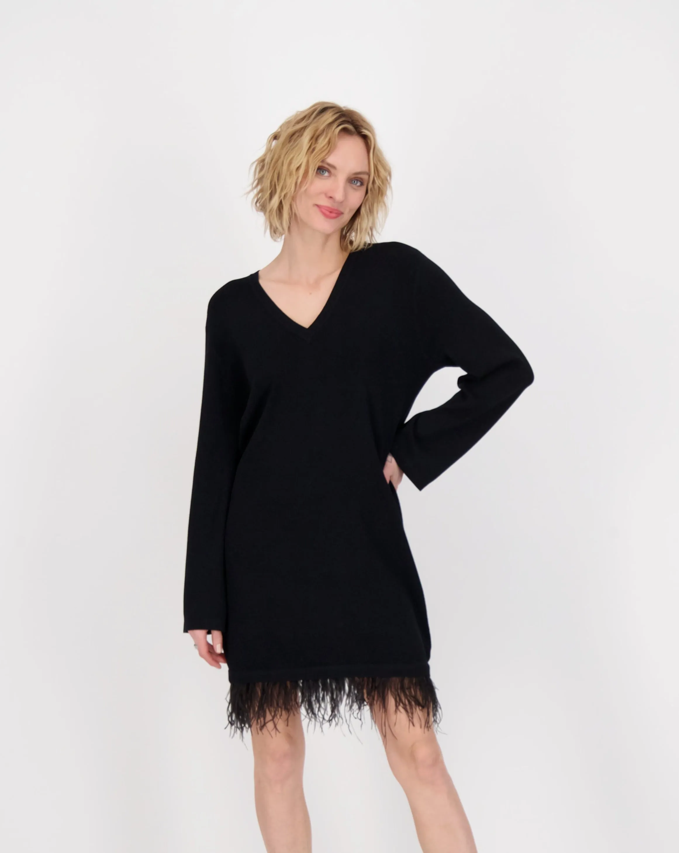 Feather Trim Knit Dress