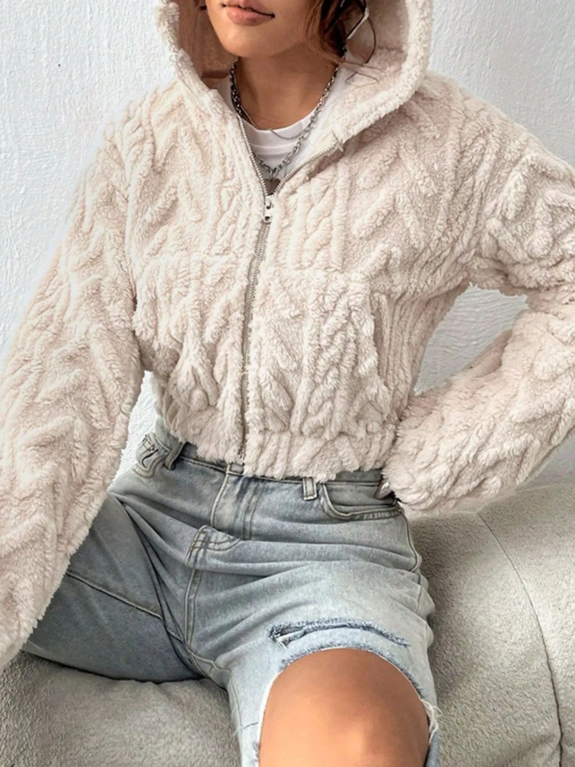 Fuzzy Zip Up Long Sleeve Hooded Outerwear