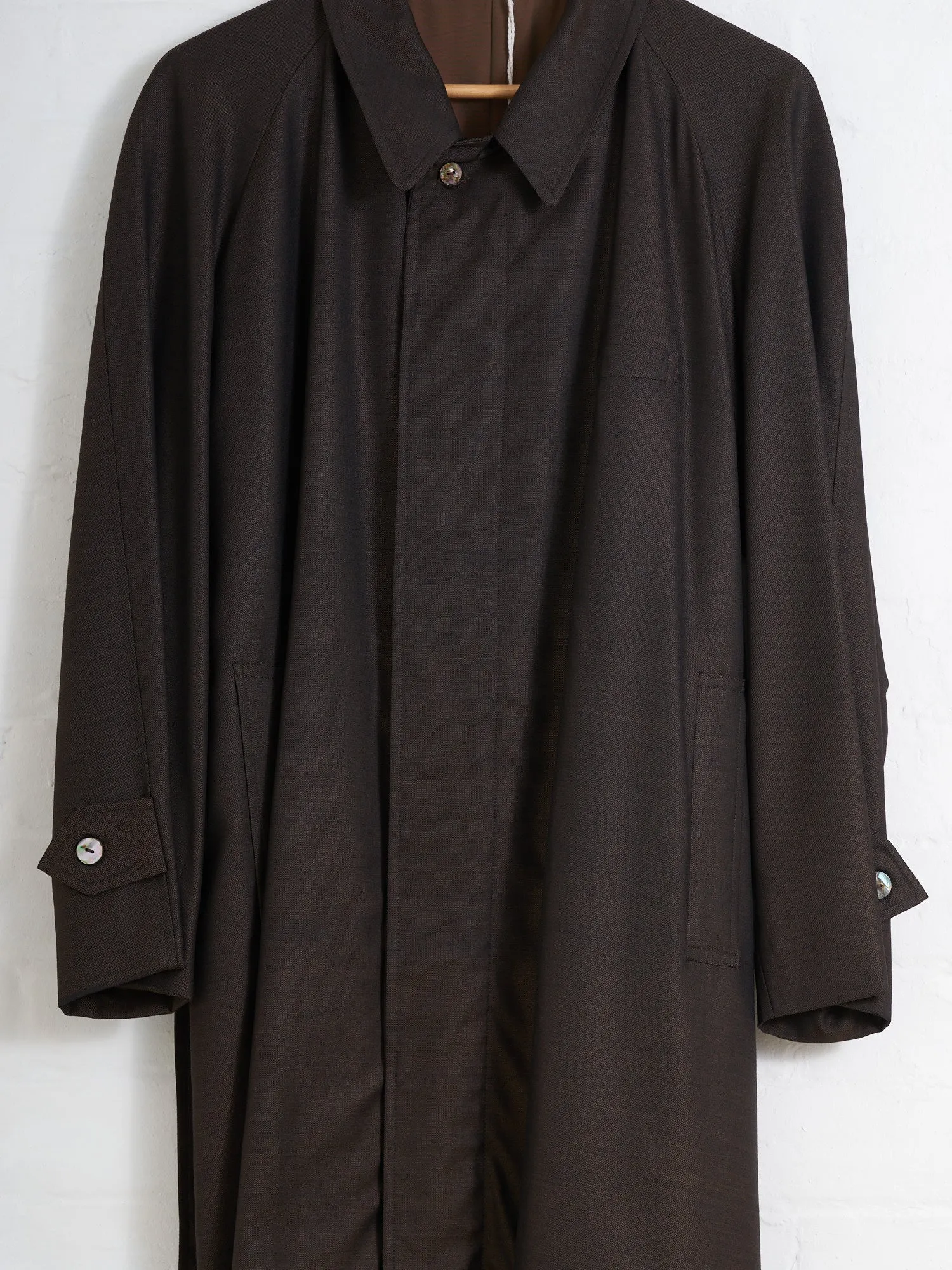 Grass men’s 1980s brown wool silk covered placket mackintosh coat - M L