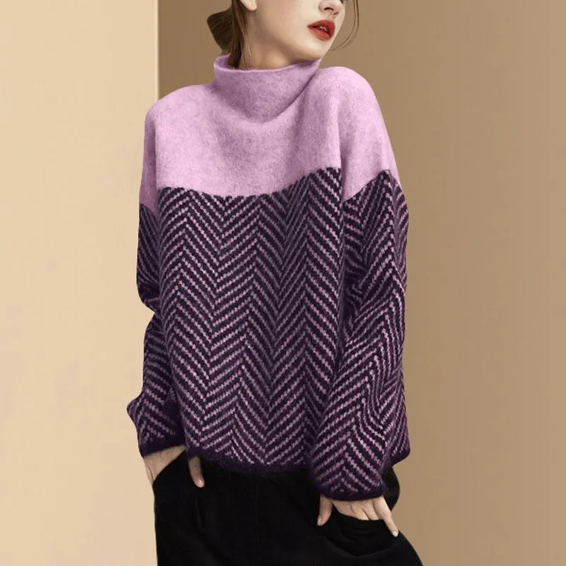 High Neck Sweater with Herringbone Pattern