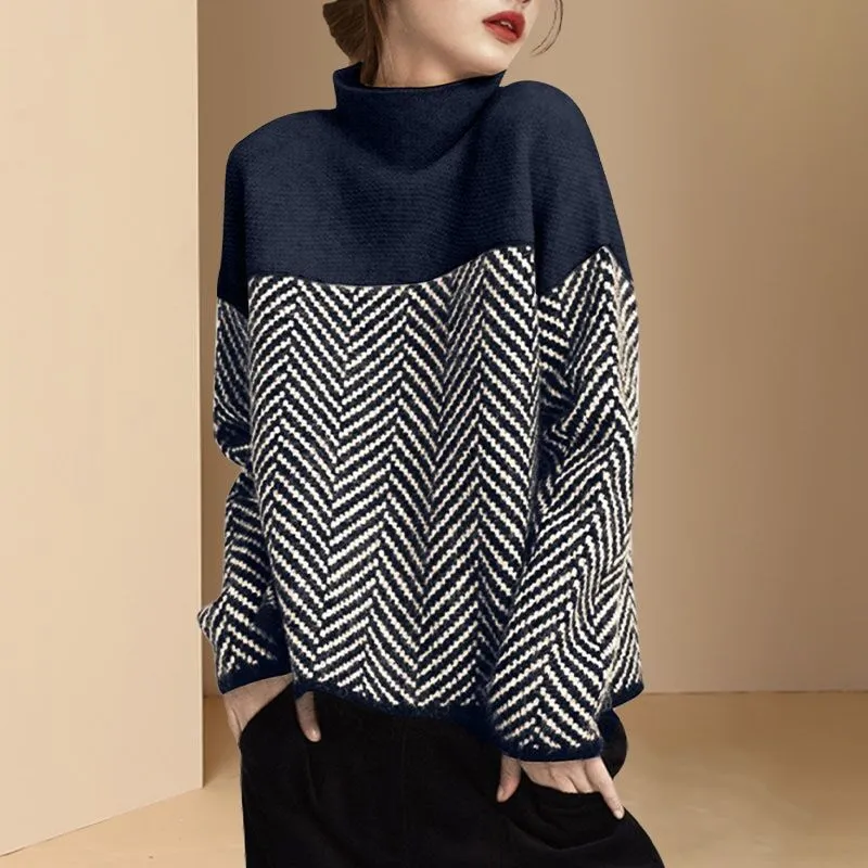 High Neck Sweater with Herringbone Pattern