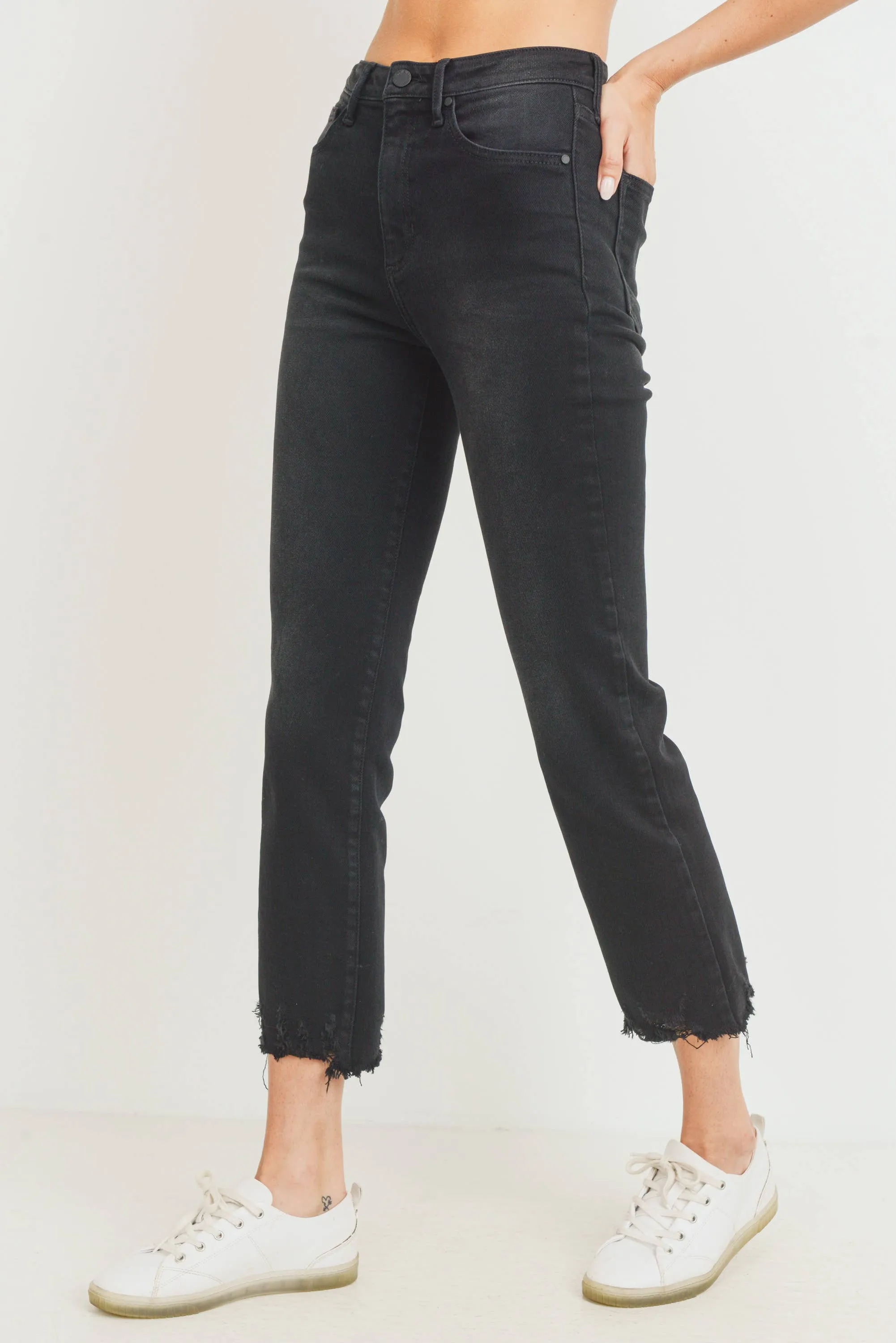 High Rise Straight Leg with Distressed Hem