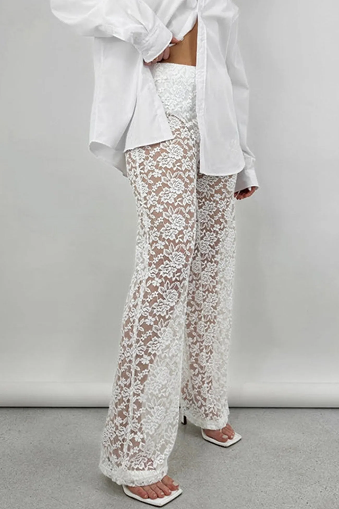 High Waist Patchwork Lace Hollow Out Long Pants