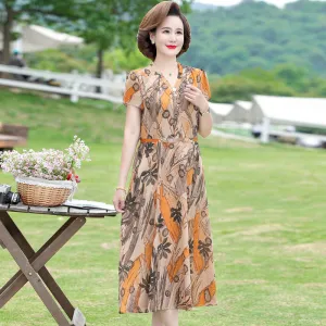 IKEARLAX Floral Dress Female  New Middle-Aged Mother Wear Covering Belly Thin Temperament plus Size Printing Long Dress Summer