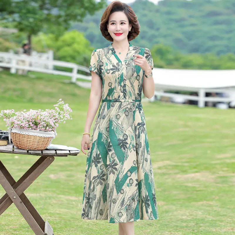 IKEARLAX Floral Dress Female  New Middle-Aged Mother Wear Covering Belly Thin Temperament plus Size Printing Long Dress Summer