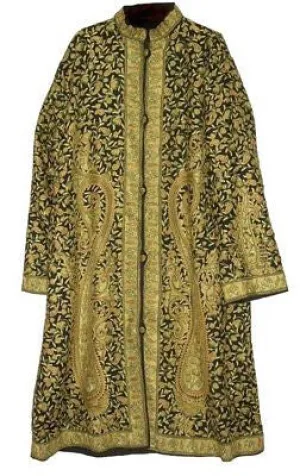 Kashmiri Woolen Coat Black, Green Embroidery #AO-102