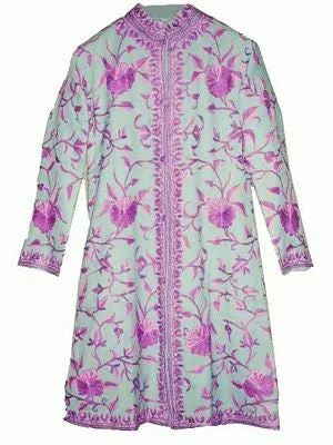 Kashmiri Woolen Coat Turquoise, Purple Embroidery #AO-115