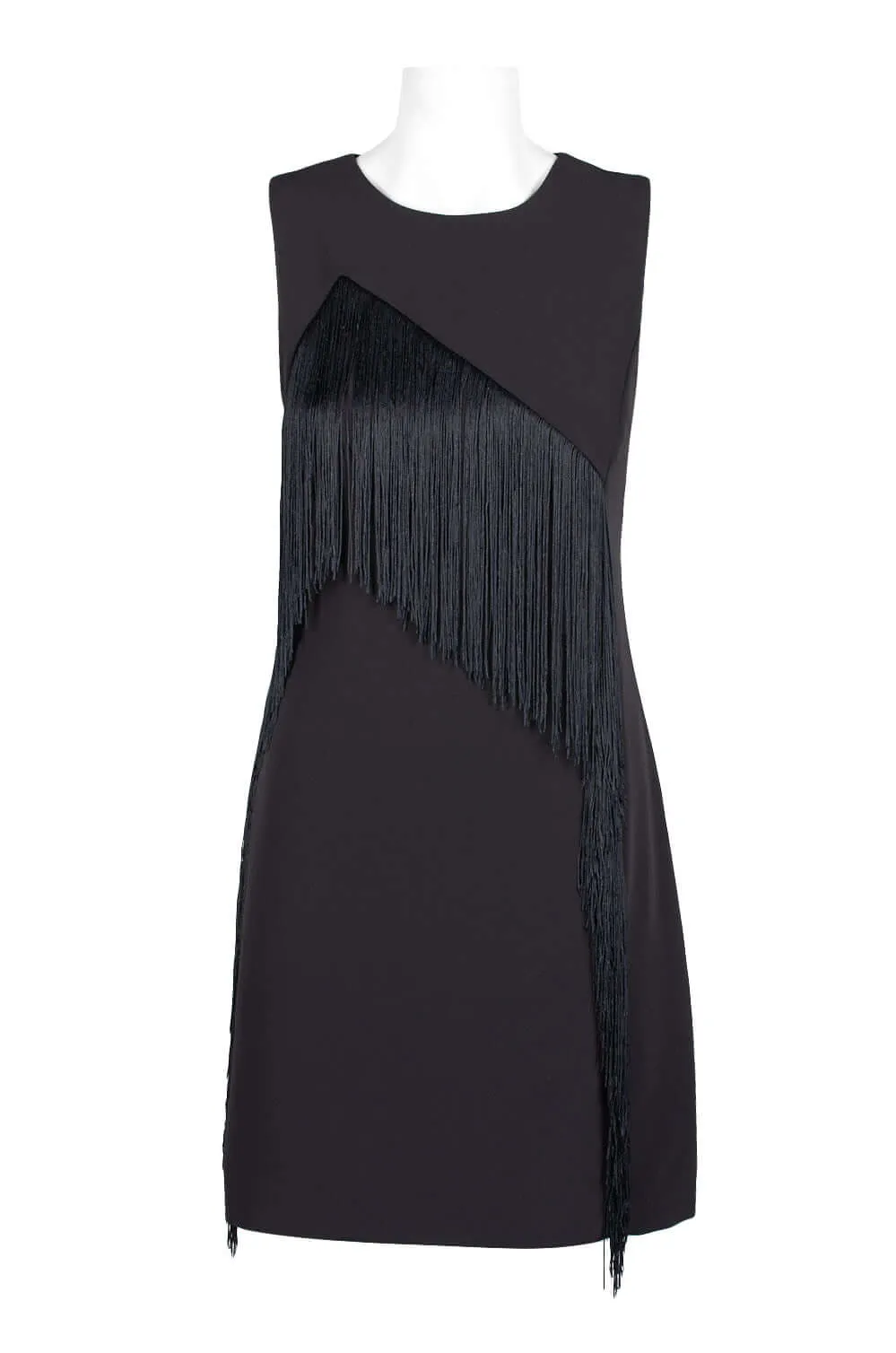 Laundry Crew Neck Sleeveless Asymmetrical Tassel Detail Zipper Back Crepe Dress