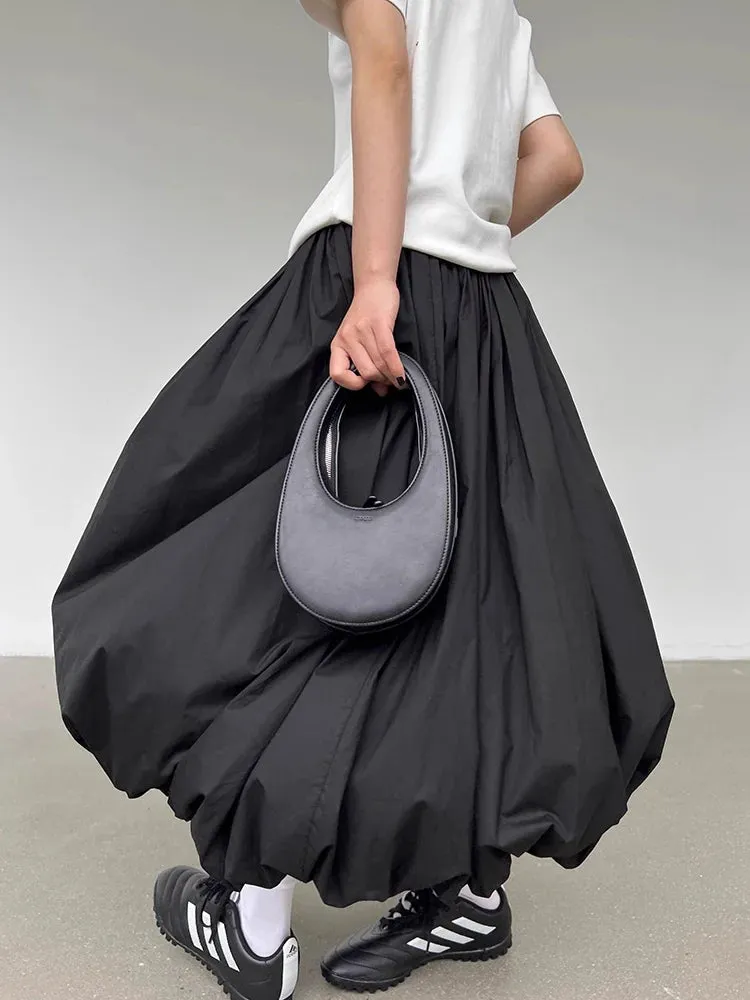 Long Skirt Women Elegant Solid Elastic Waist A-line Vintage Korean Fashion Loose Balloon Maxi Skirt Casual Streetwear