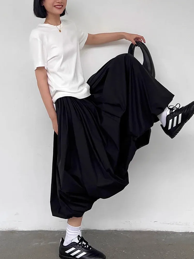 Long Skirt Women Elegant Solid Elastic Waist A-line Vintage Korean Fashion Loose Balloon Maxi Skirt Casual Streetwear