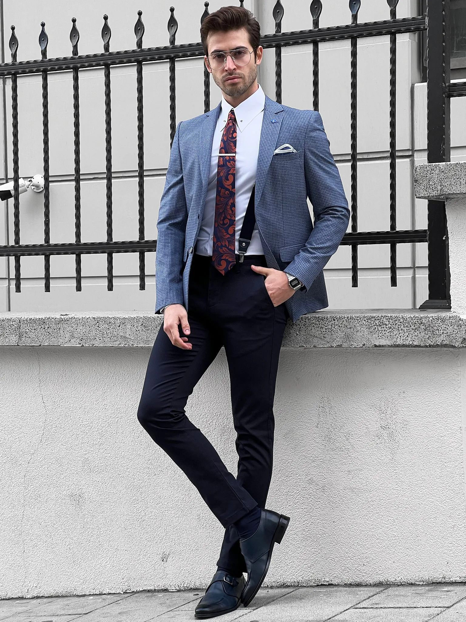 Louis Slim Fit High Quality Blue & Gray Blazer