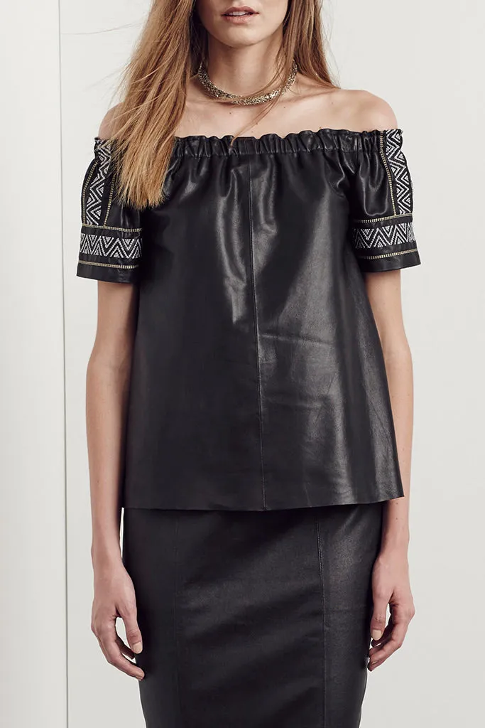 Lucius Cold Shoulder Top Black Leather - SAMPLE