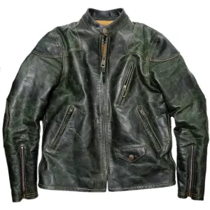 Men's Green Leather Jacket - Slim Fit Stand Collar Motorcycle Biker