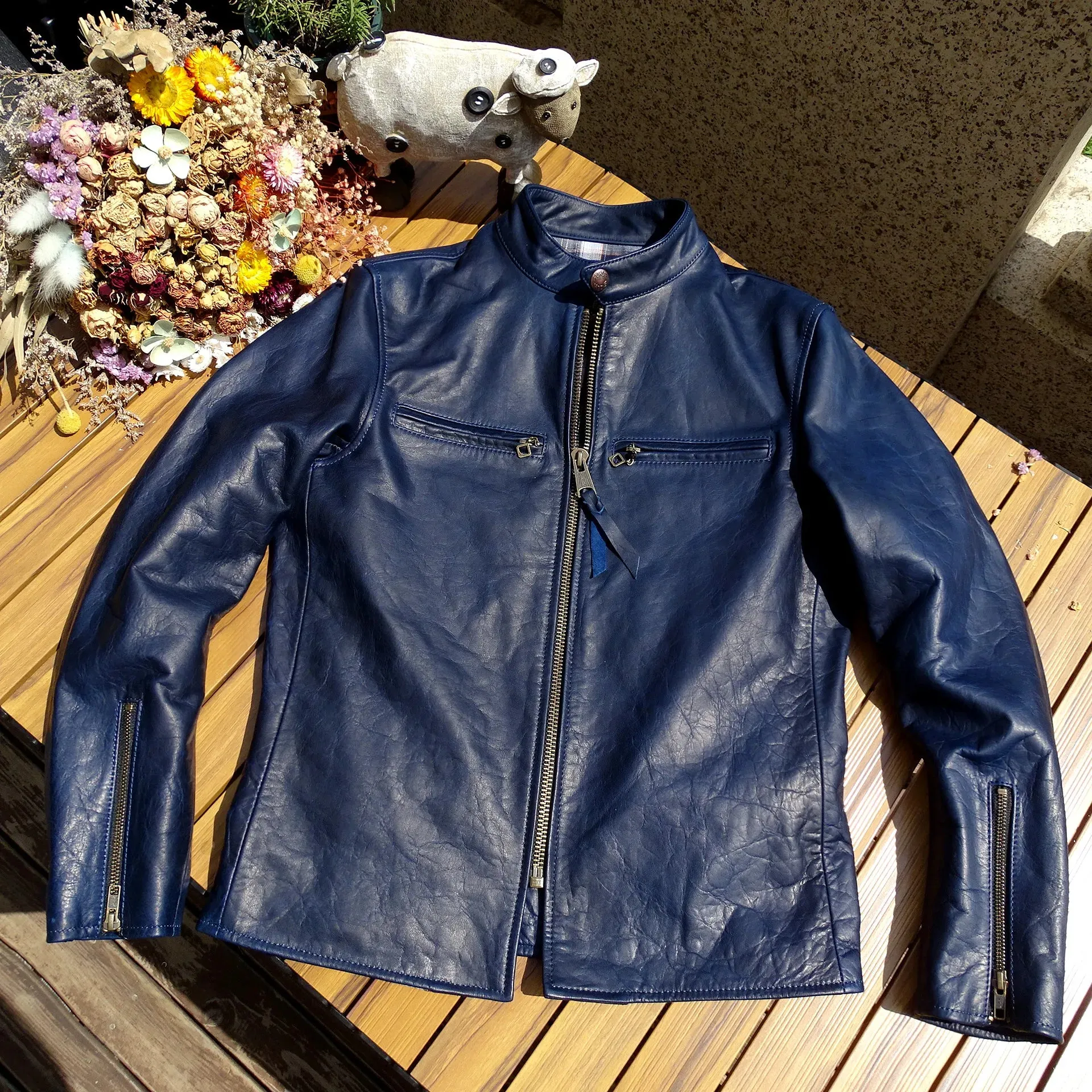 Men's Indigo Blue Leather Jacket - Slim Fit Horsehide Racer Motorcycle Style