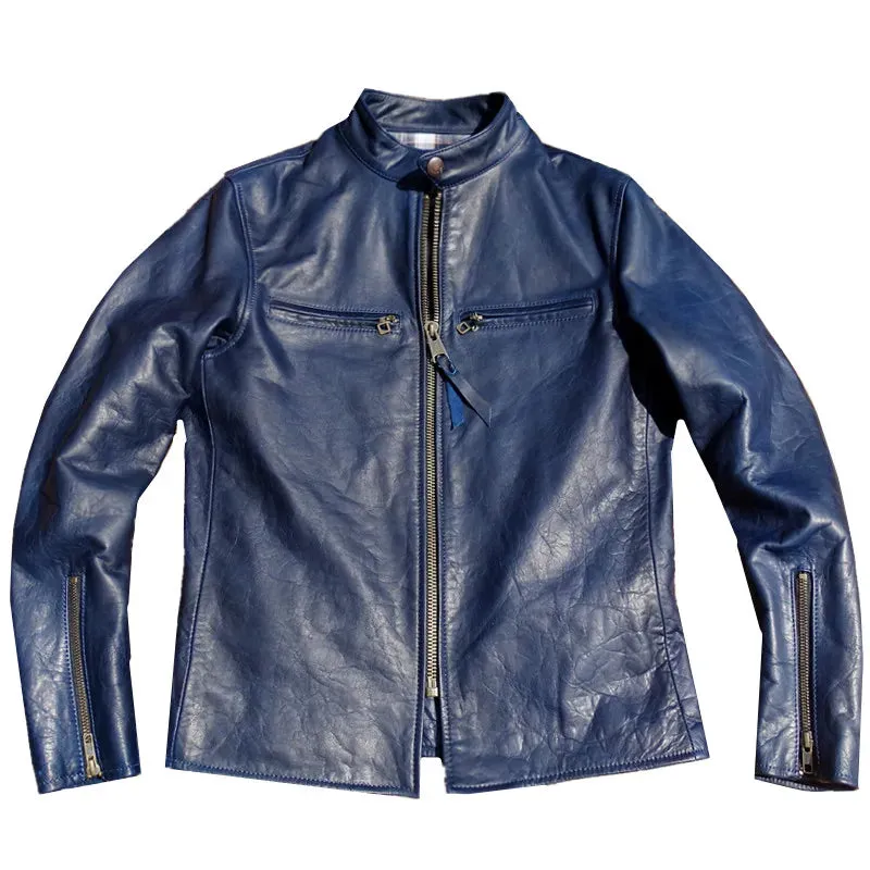 Men's Indigo Blue Leather Jacket - Slim Fit Horsehide Racer Motorcycle Style