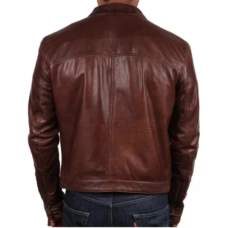 Men's Slim Fit Brown Leather Biker Jacket