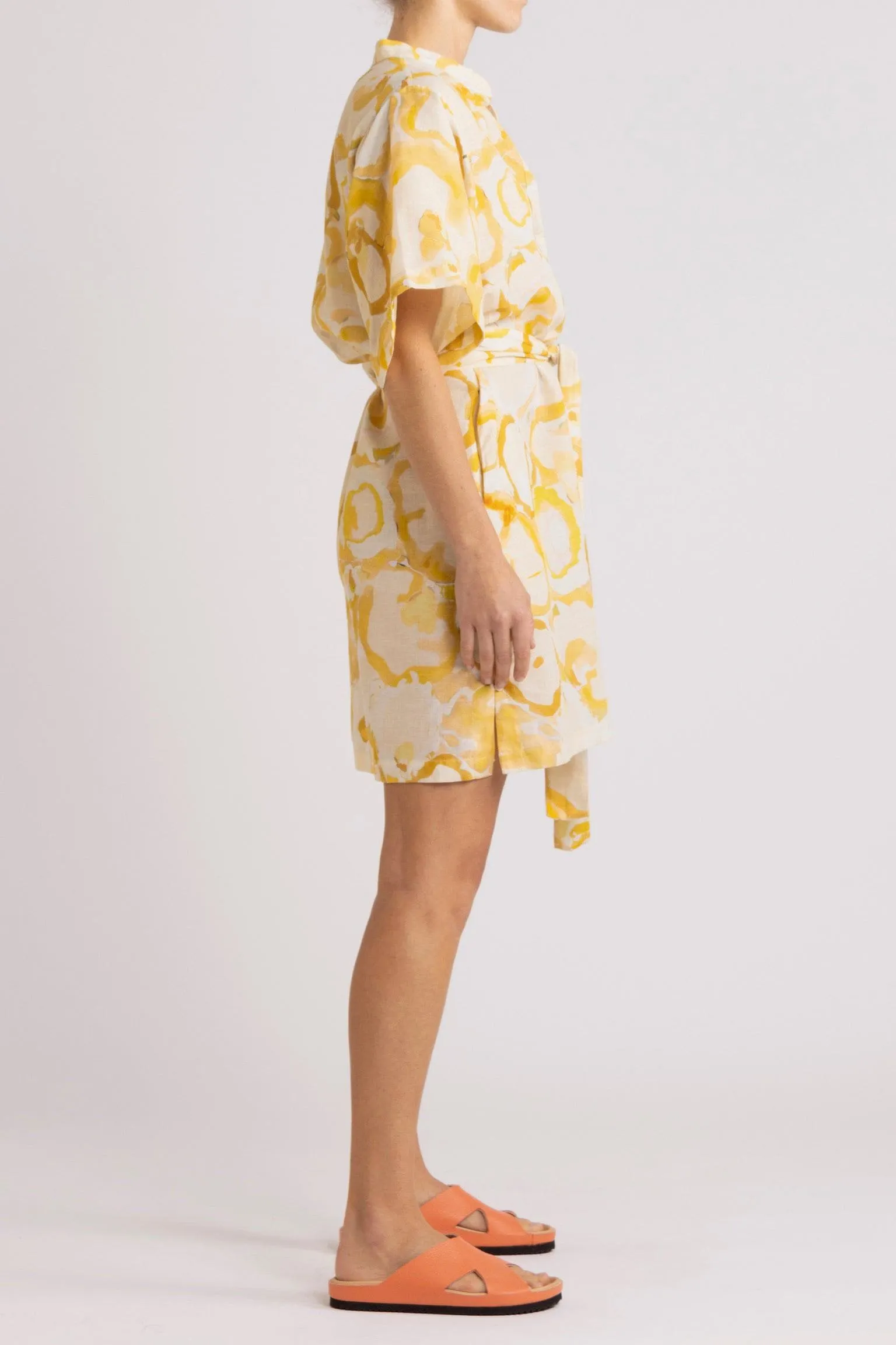 Miriam Yellow Print Cotton-Linen Short Dress