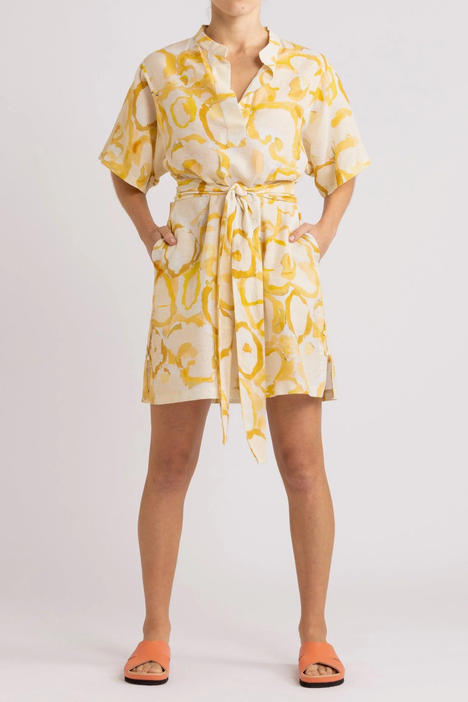 Miriam Yellow Print Cotton-Linen Short Dress