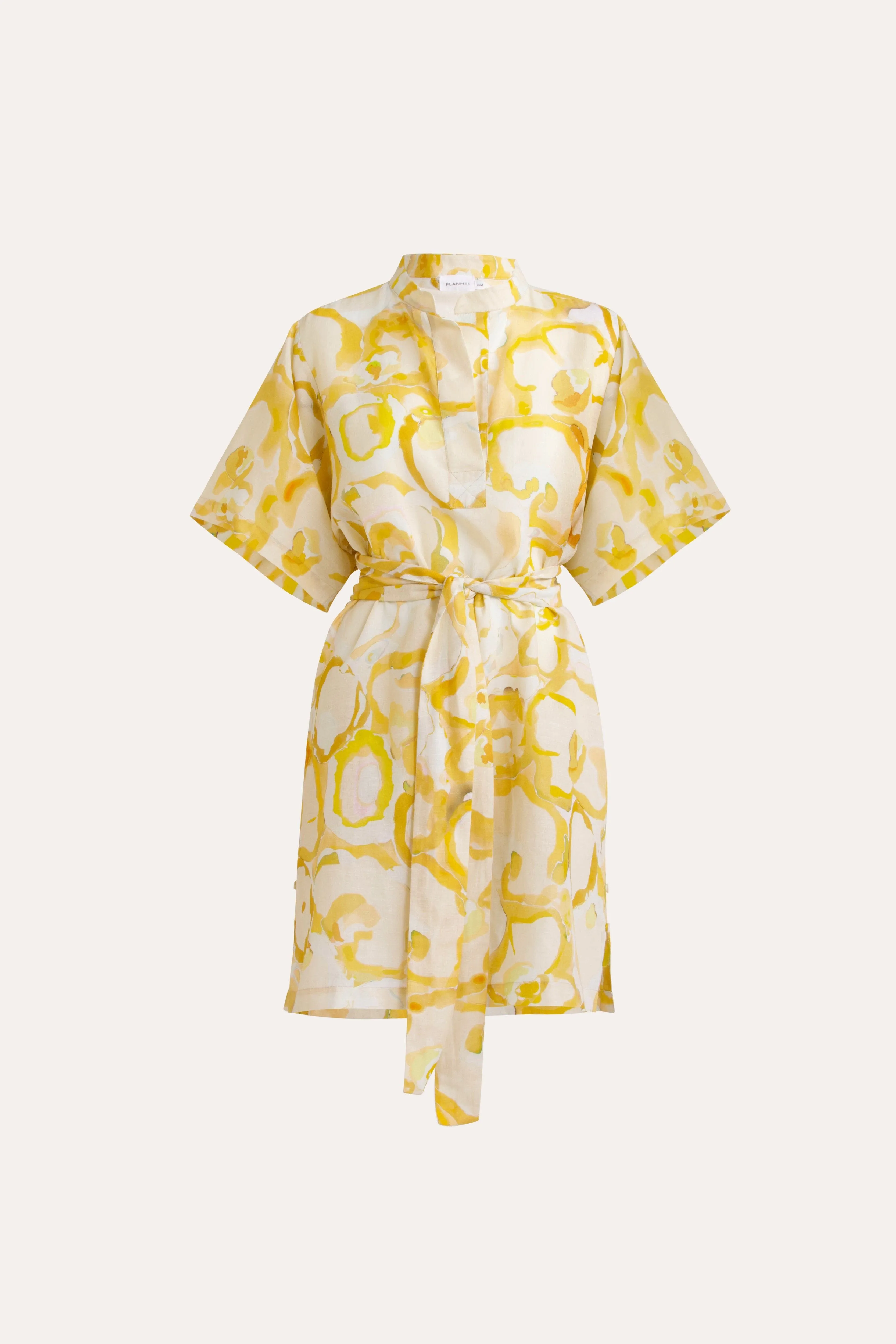 Miriam Yellow Print Cotton-Linen Short Dress