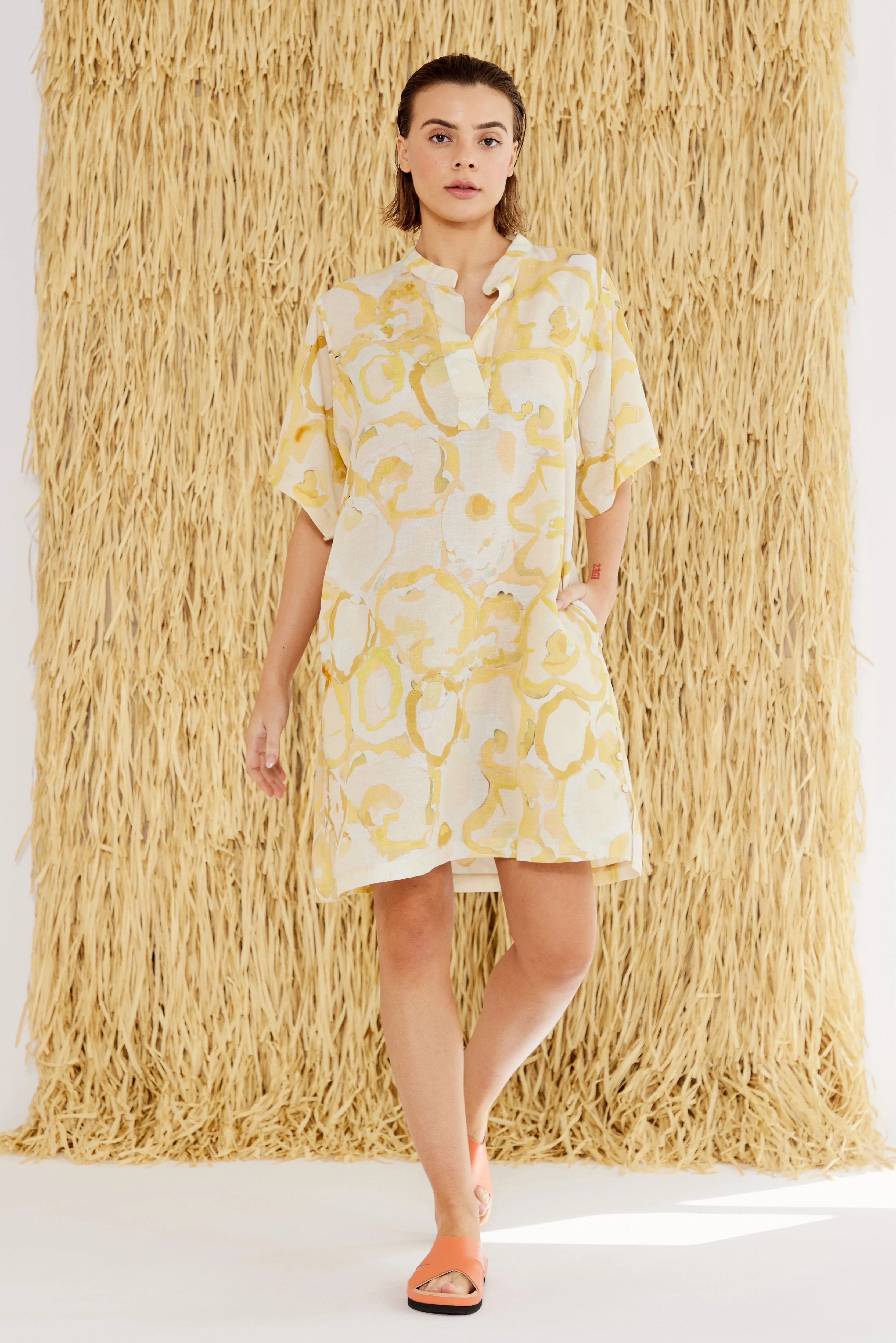 Miriam Yellow Print Cotton-Linen Short Dress