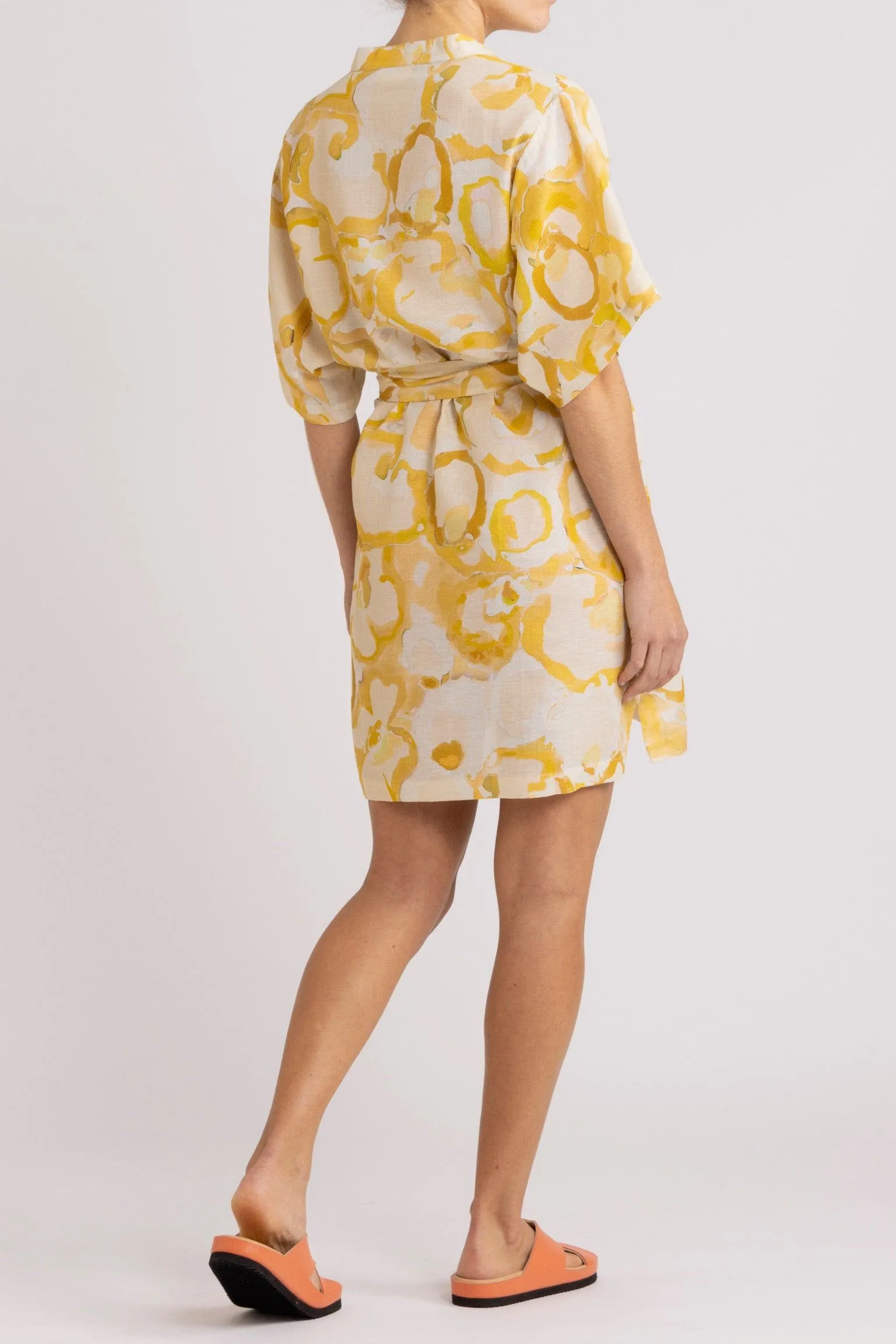 Miriam Yellow Print Cotton-Linen Short Dress