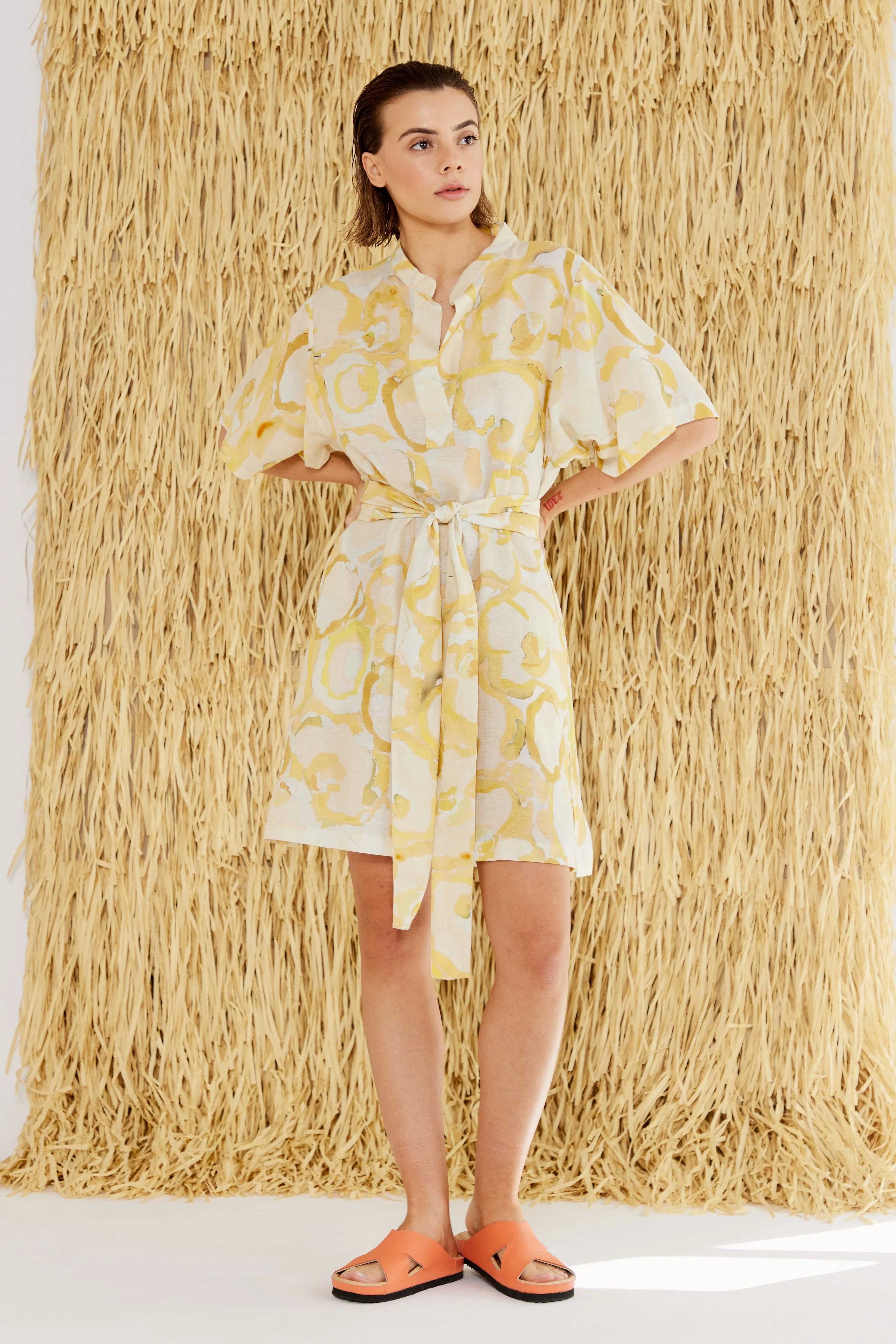 Miriam Yellow Print Cotton-Linen Short Dress