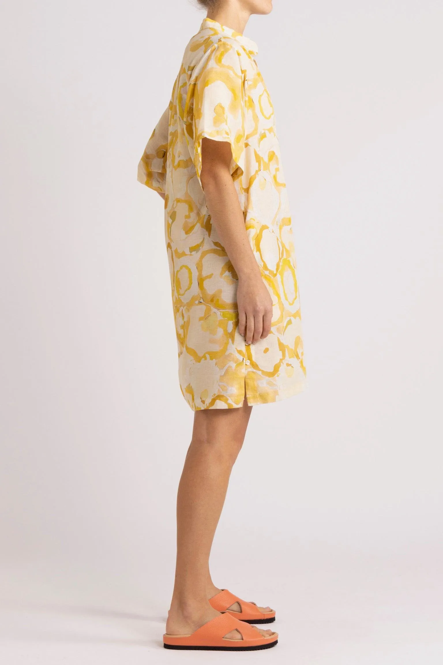 Miriam Yellow Print Cotton-Linen Short Dress