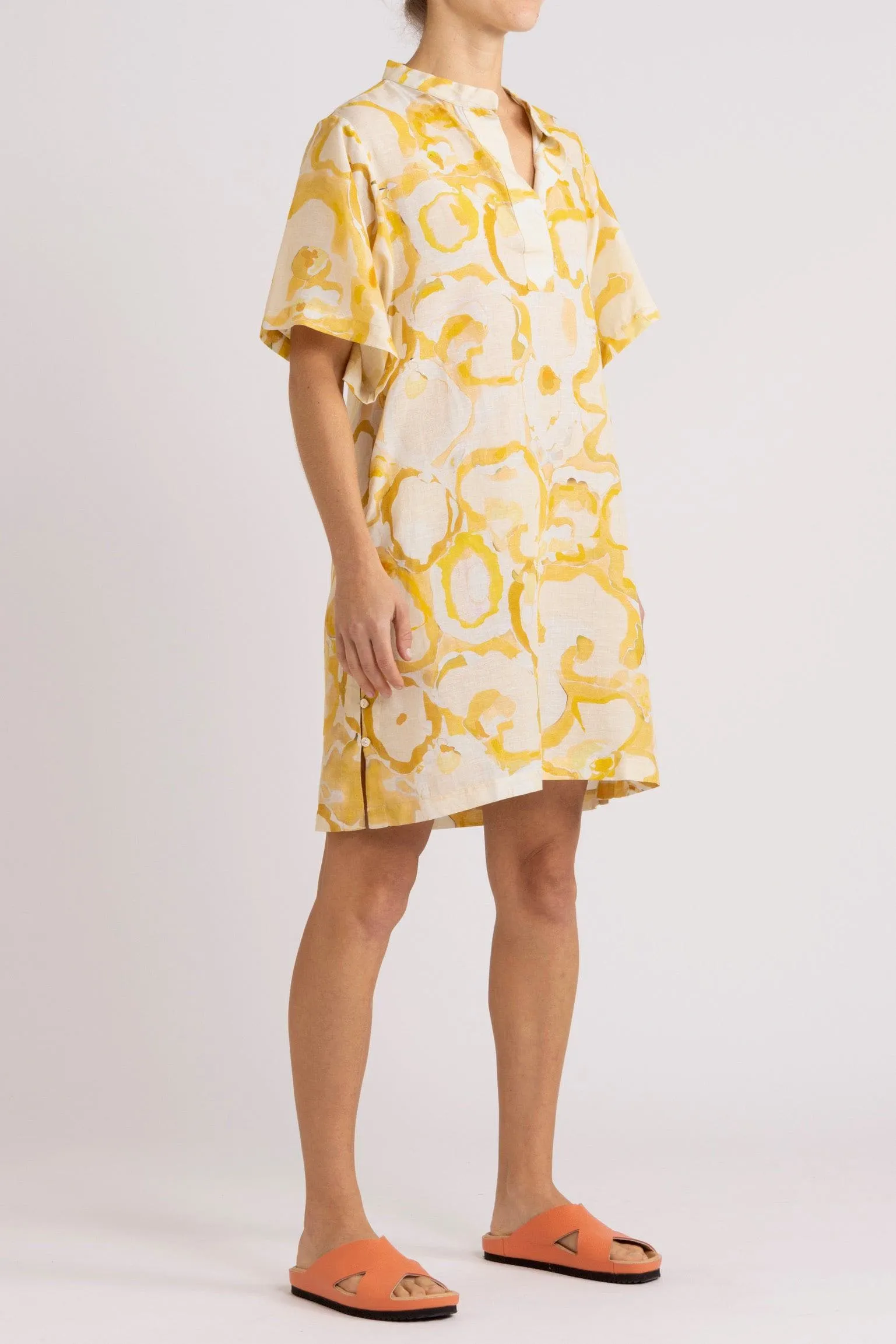 Miriam Yellow Print Cotton-Linen Short Dress