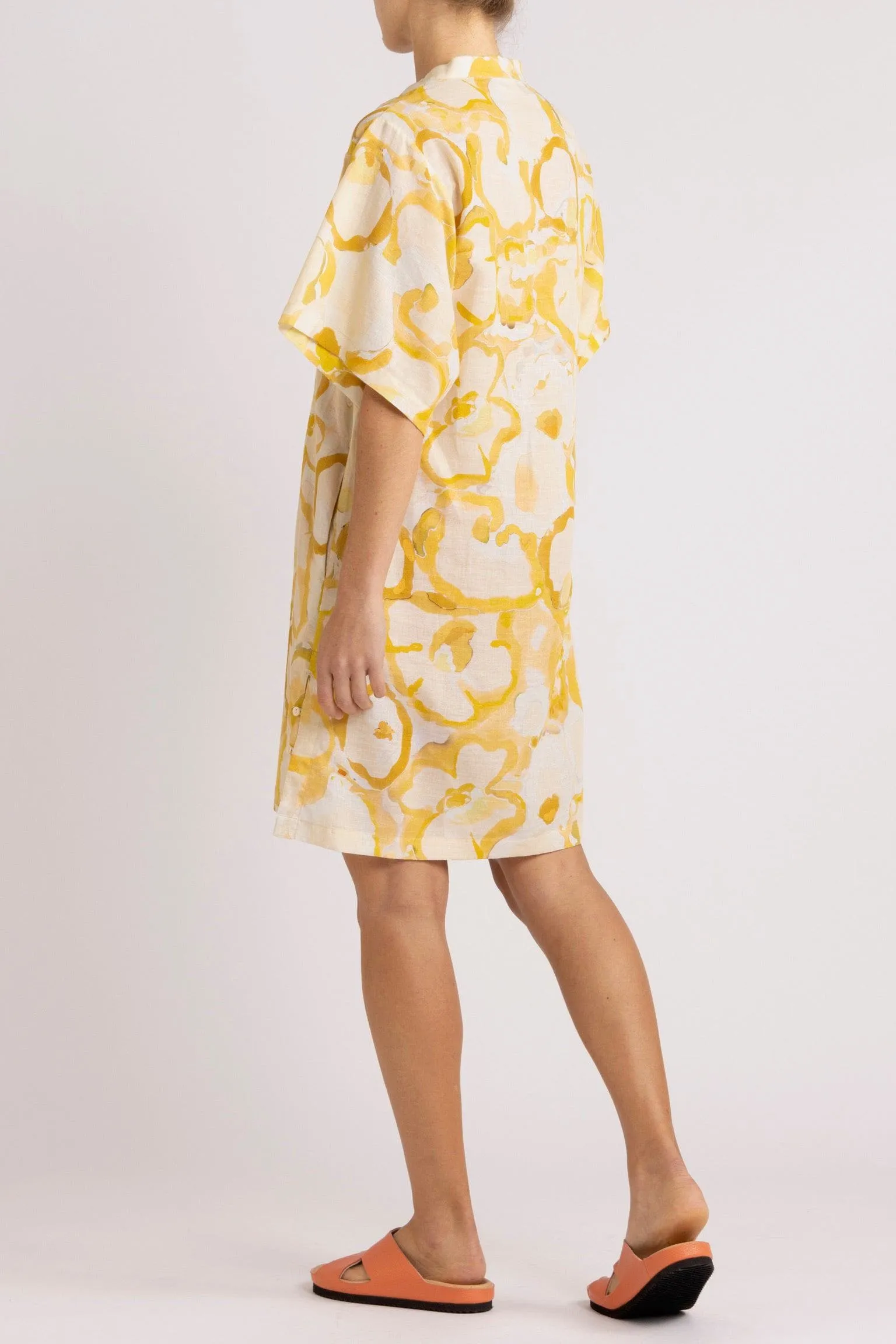 Miriam Yellow Print Cotton-Linen Short Dress