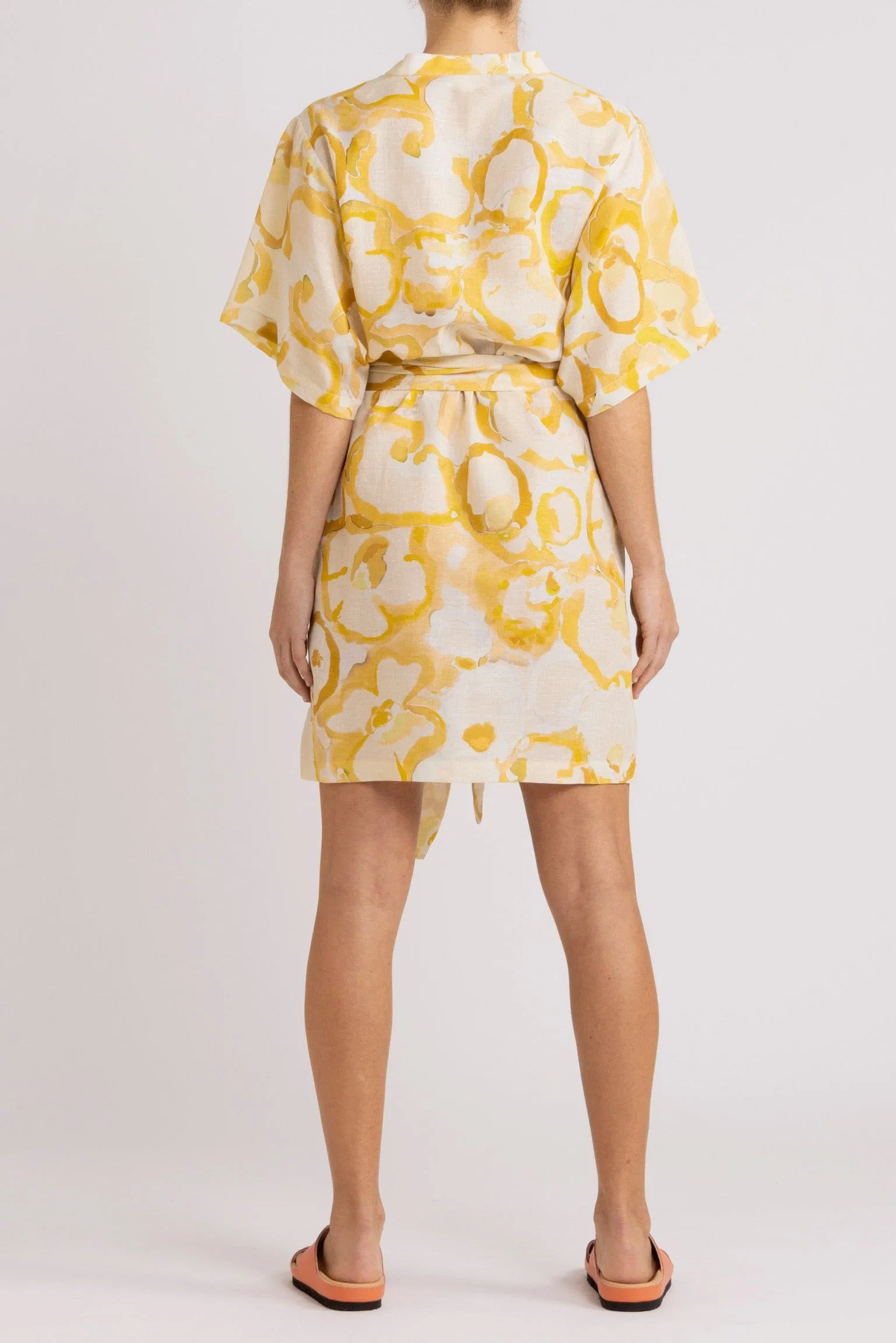 Miriam Yellow Print Cotton-Linen Short Dress